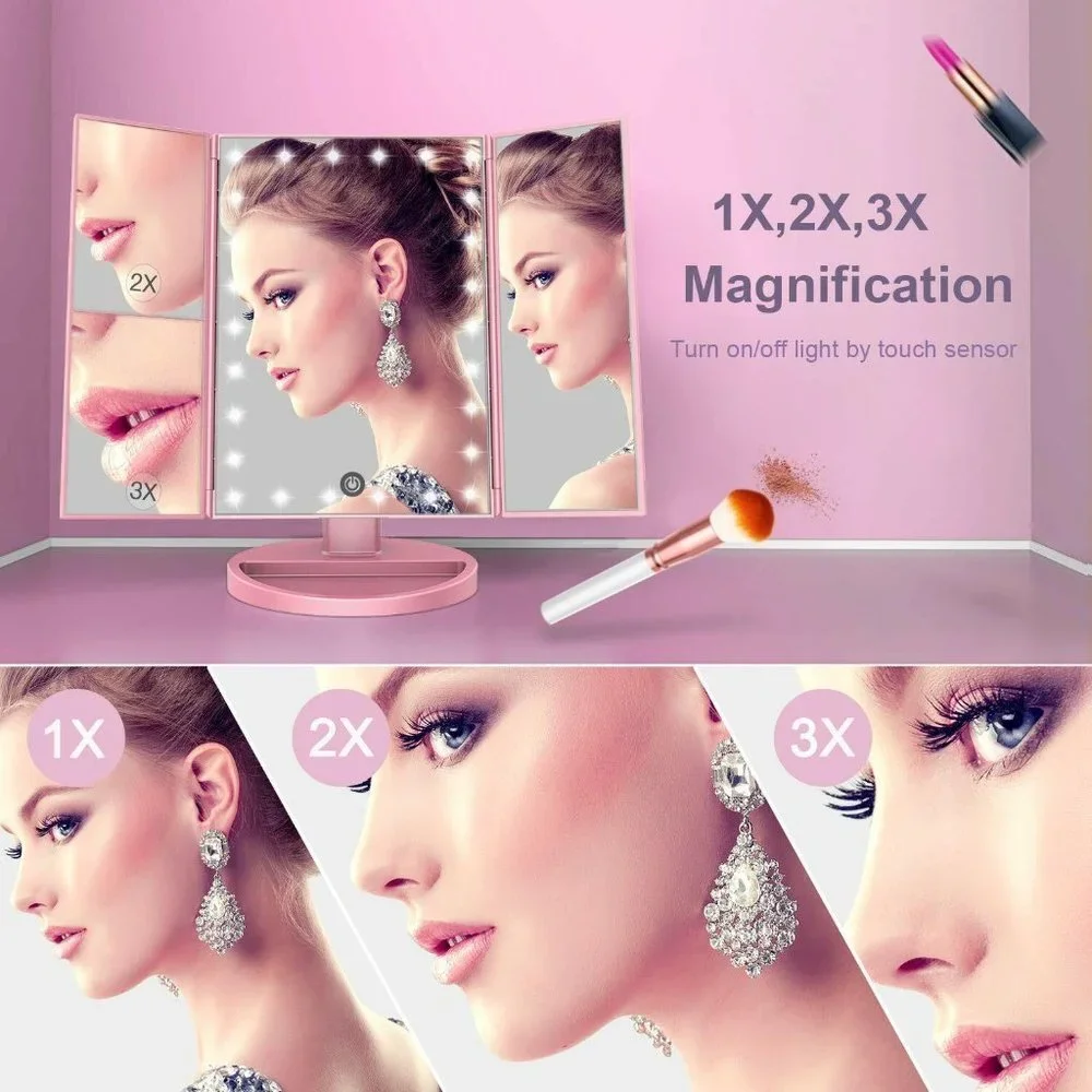 LED Lights Make Up Table Mirror 180 Degrees For Women's - Rose Gold